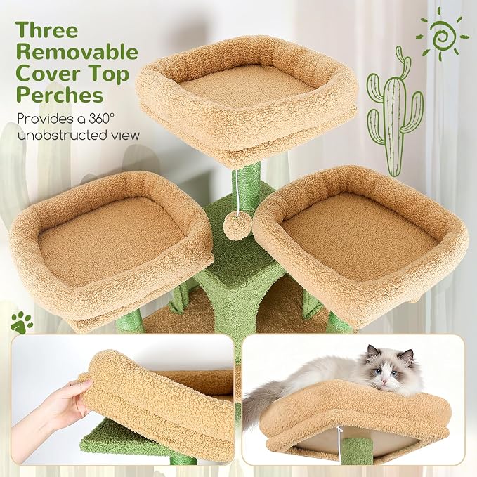Globlazer Cactus Cat Tree Tower for Multiple Adult Cats, 82in, F82, Green | XXL Tall Cat Tree Tower for Indoor Cats with Scratching Post, 3 Perches, 2 Condos, 2 Hanging Baskets