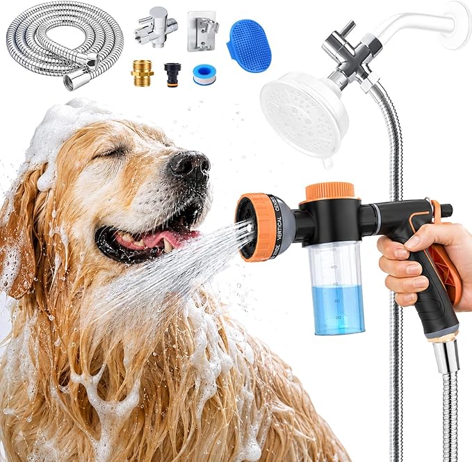 Dog Shower Attachment with Metal 3-Way Shower Diverter & 100inches Shower Hose for Bathroom Showr Arm, Dog Wash Hose Nozzle Sprayer for Easy Pet Bathing Dog Washing Hose Attachment