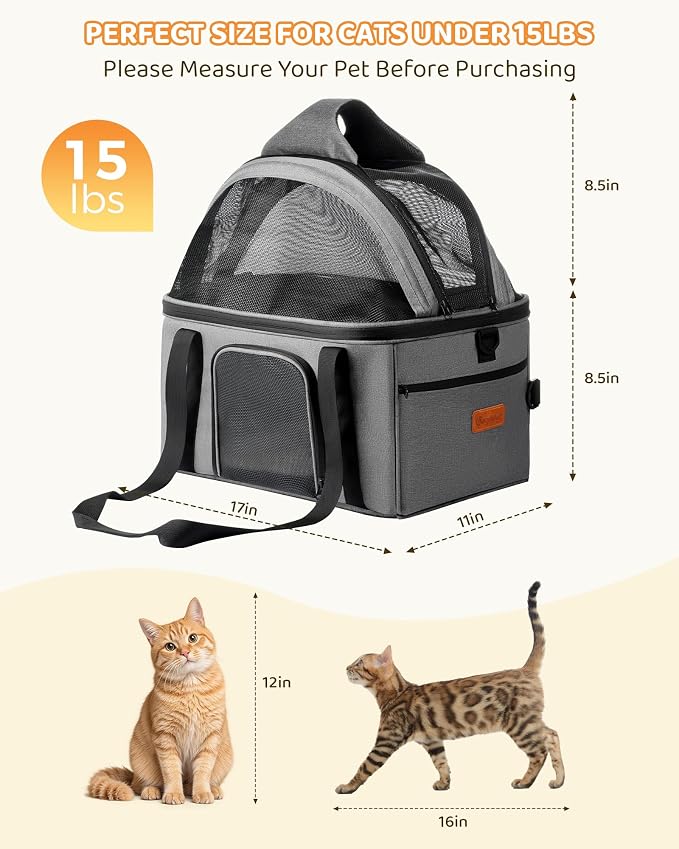 BurgeonNest Top-Expandable Large Cat Carrier, Soft-Sided Cat Bag Carrier for Medium & Large Cats Up to 15 lbs, Upgraded Small Dog Car Seat, Pet Travel Bag with Full-Open Canopy