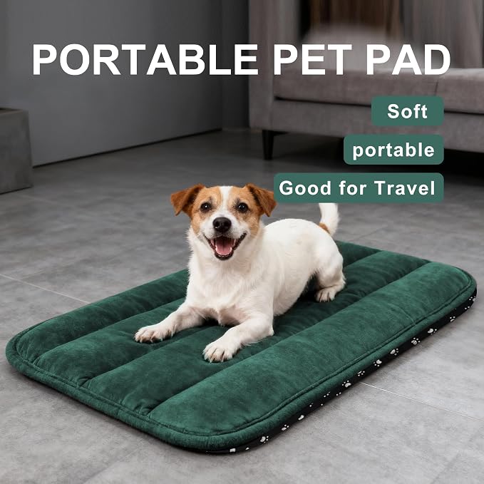 Dog Bed Mat, Reversible Dog Crate Pad with Washable Kennel Mat and Soft Foam, Flat Pet Bed for Dogs & Cats, for Crates Carriers & Travel (Green, 28" L*16" W*1.5" Th)