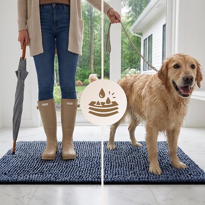 EHEYCIGA Super Absorbent Dog Door Mat for Muddy Paws 30x20 Inch Indoor, Front Doormat Outside Entrance, Quick Dry Chenille Washable Dog Crate Bed, Non-Slip Pet Rug Mud Mat Outdoor Entryway, Navy Blue
