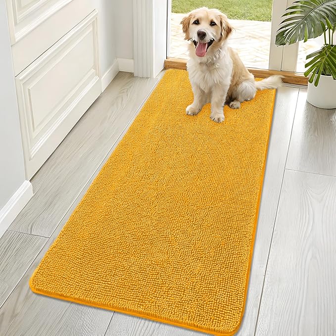 OLANLY Dog Door Mat for Muddy Paws 70x32, Super Absorbent Chenille Mud Mat | Golden Yellow, Absorbs Moisture and Dirt, Non-Slip Machine Washable Doormat, Quick-Dry Indoor Entryway Floor Carpet for Dogs