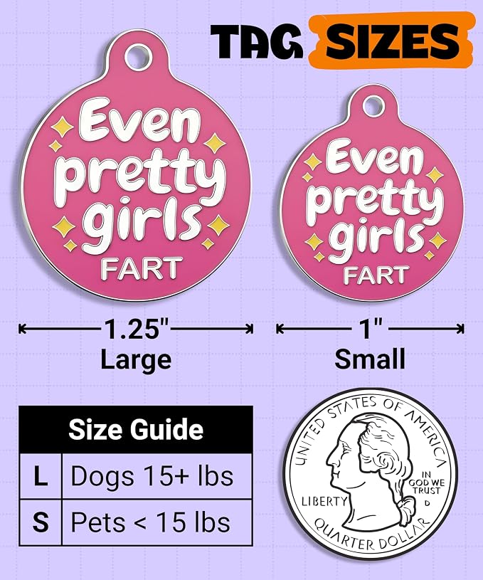 Bad Tags Personalized Dog and Cat ID Tags in 25+ Designs and 2 Sizes - 5 Lines of Custom Engraved Text - Funny Cute Personalized Pet Tags (Even Pretty Girls Fart, Large (1.25 inch))