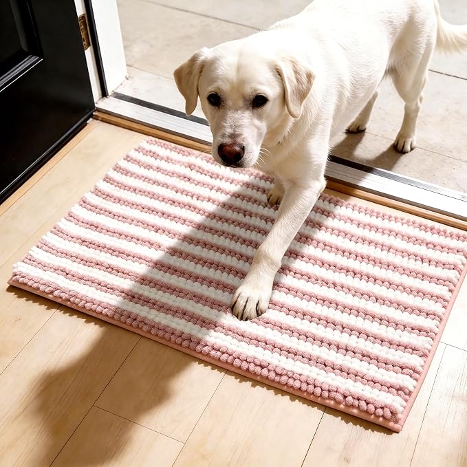 Dog Door Mat for Muddy Paws - Absorbent Quick-Dry Non-Slip Washable Chenille Pet Rug, Indoor Entryway Mat for Front Door & Crate (Pink, 36" L*24" W)