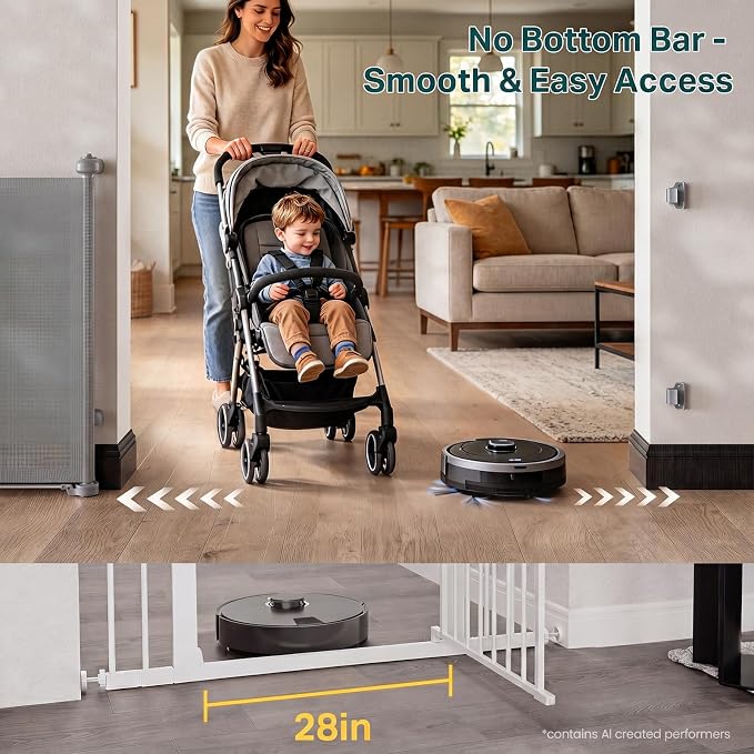 Cumbor 27-40" Retractable Baby Gates for Stairs & Doorways, Hardware Mounted Mesh Dog & Pet Gate, Easy Walk Through, One-Hand Operation, Anti-Crawl Adjustable Safety Gate for Dog, Indoor Outdoor Grey