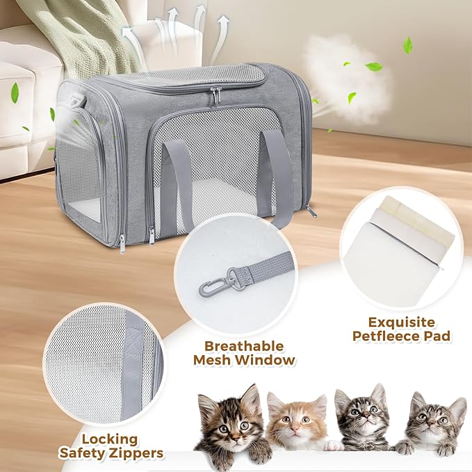 Cat Carrier Soft for Pets Up to 15 Lbs, Cat Travel Bag Soft-Sided with Padded Shoulder Strap, Pet Dog Carriers for Small Dogs Travel Puppy Carry Airline Approved, Grey