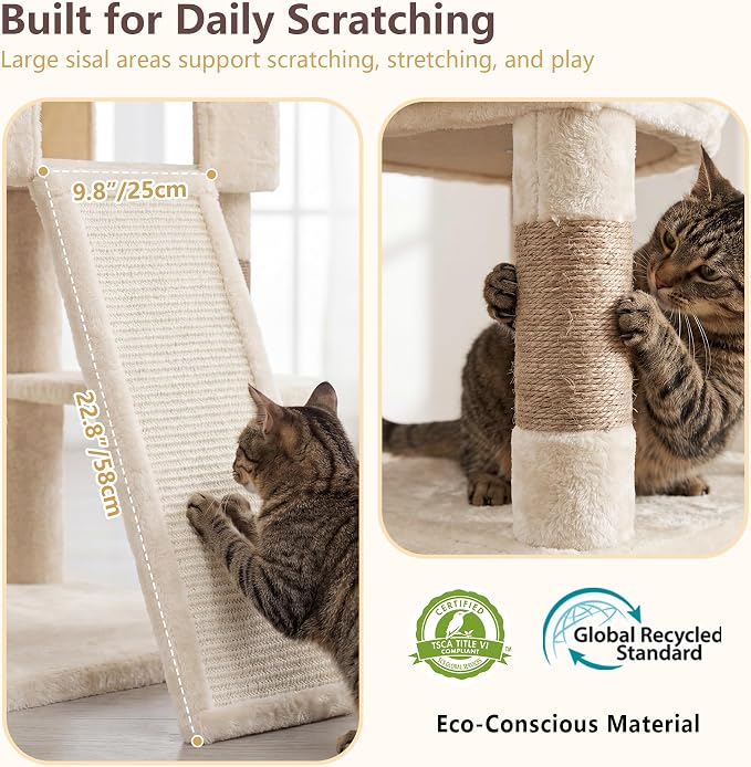 Heybly Cat Tree, 82.7″ Extra Tall Cat Tower for Large Cats Adult HCT063MJ | Giant Cat Condo with Multi-Level Platforms, 2 Baskets, Spacious Cat Cave, Wide Sisal Scratching Board, Beige