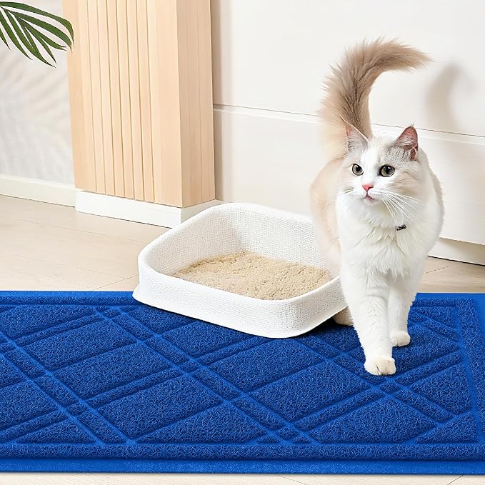 Smiry Cat Litter Box Mat 36x24, Non-Slip Water Resistant Litter Trapping Mat, Easy Clean Less Waste and Urine-Locking Cat Carpet for Indoor, Blue