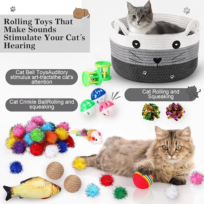 Zopeal 76 Pcs Cat Storage Basket Gift Toys Set Interactive Cat Toys Kitten Wand Colorful Flashing Balls Pet Crinkle Balls Attract Kitten to Swat, Hunt for Pet Indoor(Grey)