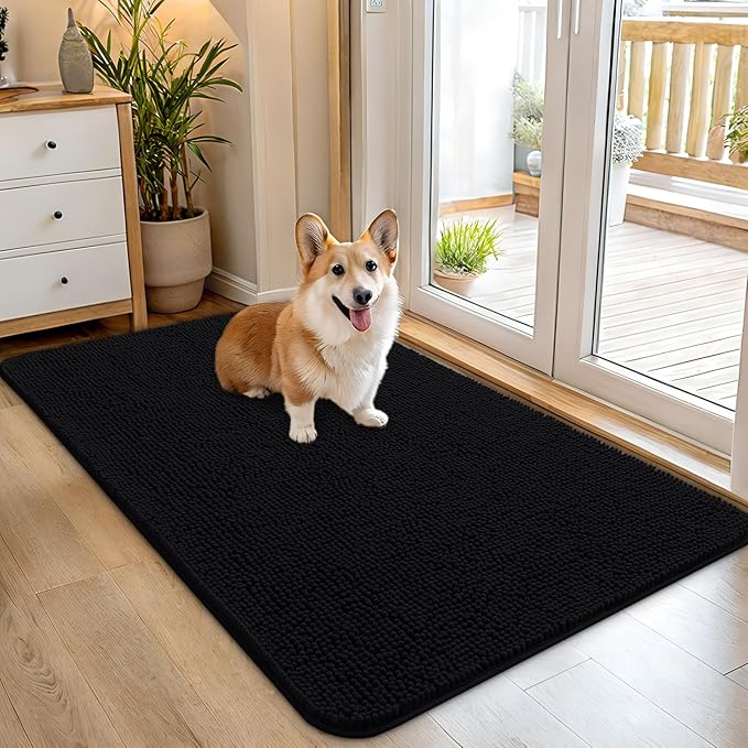 OLANLY Dog Door Mat for Muddy Paws 45x27, Super Absorbent Chenille Mud Mat | Black, Absorbs Moisture and Dirt, Non-Slip Machine Washable Doormat, Quick-Drying Indoor Entryway Floor Carpet for Dogs