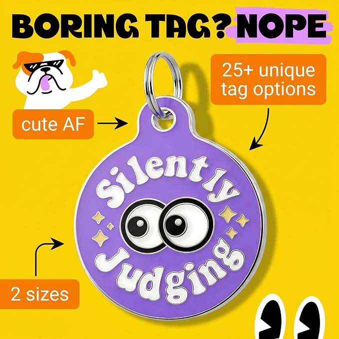 Bad Tags Personalized Dog and Cat ID Tags in 25+ Designs and 2 Sizes - 5 Lines of Custom Engraved Text - Funny Cute Personalized Pet Tags (Silently Judging - Purple, Small (1 inch))