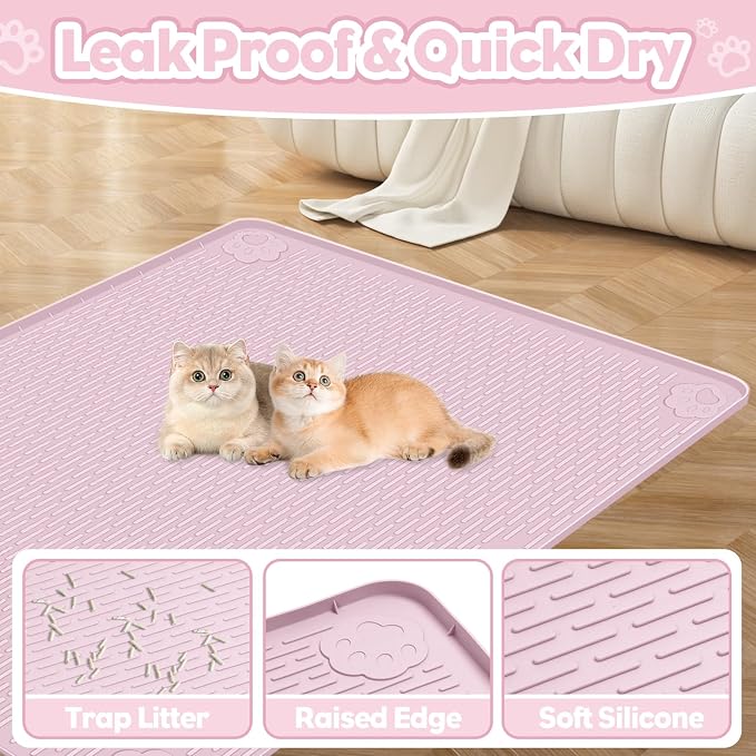 Silicone Cat Litter Mat for Litter Box 40”x28” Large Cat Mat, Pink | Waterproof, Non-Slip, Leak-Proof Rug Mat with Lip, Easy to Clean, Extra Large Litter Catcher Mat for Floor