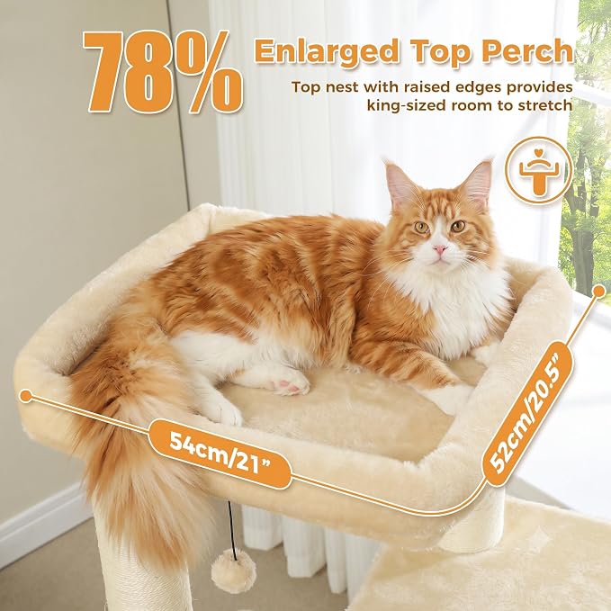 PAWZ Road Large Cat Tree, 45" Heavy Duty Cat Tower with Dual Condos, 3 Thick Full Wrapped Sisal Posts(φ4.3), Spacious Top Perch, Scratching Ramp for Large Cats,Beige