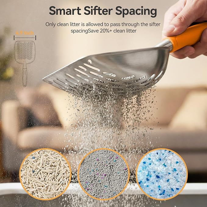 Cat Litter Scoop, Large Long Handle Kitty Metal Scooper, Heavy Duty Aluminum Deep Sifter, Ergonomic Non-Slip Grip, Rustproof Durable Poop Cleaner for Cat Litter Box