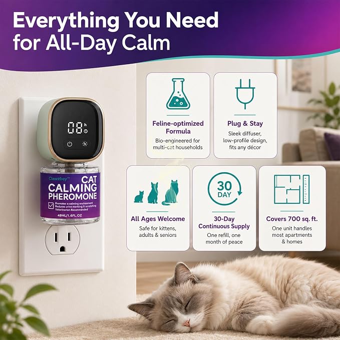 Smart Cat Calming Pheromone Diffuser, 1 Diffuser + 3 Refills | Smart Calming Diffuser with Timer And Auto-On Features, Effectively Reduces Anxiety, Fighting, Scratching & Pee Spraying