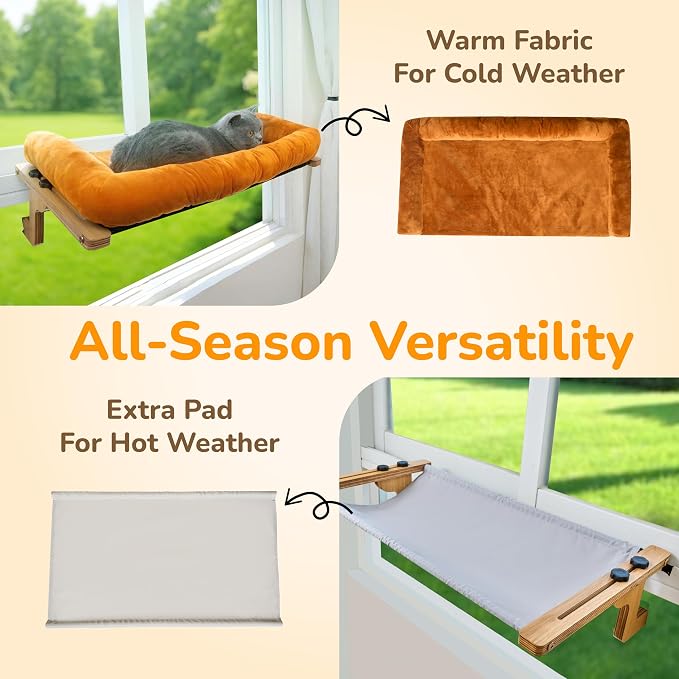 [Ready to Gift] PURRHOUSE 45LBS Cat Window Perch with Bolster, Hammock Seat with Plywood & Metal Frame, Cat Bed for Windowsill, Bedside and Cabinet (Natural Wood & Brown Cushion, 24.8''W x 9.4''H)