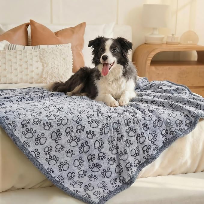 Luciphia Waterproof Pet Blankets for Couch Sofa Bed Cover Liquid Pee Proof Washable Soft Fluffy Large Dog Blanket Reversible Furniture Protection Paw Grey Medium（57" x 40"）