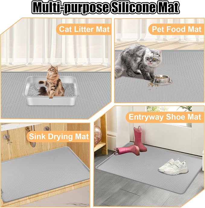 Silicone Cat Litter Mat 45" x 30" Cat Mat for Litter Box, Light Grey | Extra Large Cat Litter Trapping Mat for Floor, Waterproof, Non-Slip Kitty Litter Box Mat with Raised Edge, Easy to Clean