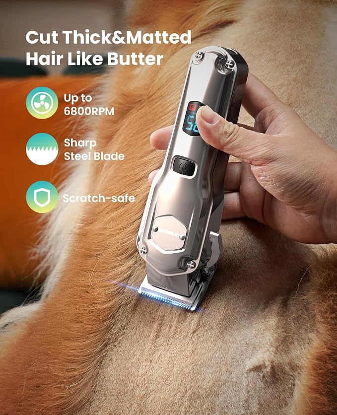 oneisall Dog Clippers for Grooming Thick/Matted Hair, 4-in-1 Grooming Kit | Detachable Stainless Steel Blade, Powerful Motor, IPX6 Waterproof, Low Noise, Paw Trimmer and Nail Grinder, 9 Guide Combs