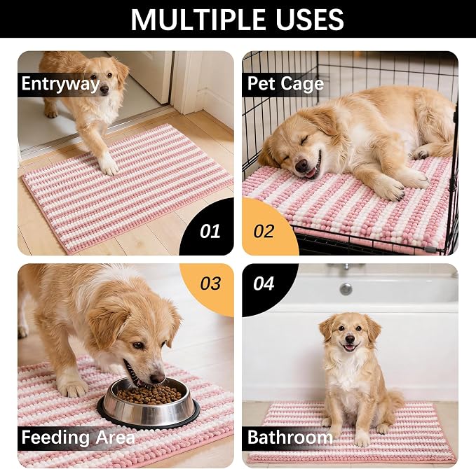 Dog Door Mat for Muddy Paws - Absorbent Quick-Dry Non-Slip Washable Chenille Pet Rug, Indoor Entryway Mat for Front Door & Crate (Pink, 34" L*23" W)