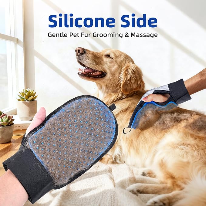 TQRR 2 in 1 Pet Hair Removal Glove for Dog & Cat, Silicone Pet Grooming Gloves, Reusable Magic Pet Hair Brush, Electrostatic Pet Hair Remover Tool for Sofa, Carpets, Furniture, Car Seats, Clothing