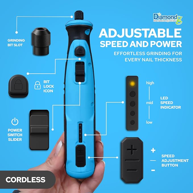 Diamondg Cordless Dog Nail Grinder - Quiet Sound with LED Light, Blue | 5-Speed Rechargeable Pet Nail Trimmer for Small & Large Dogs, USB-C Charging, 4hrs. Runtime, Painless, 2 Bits Included
