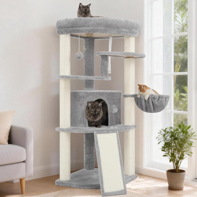Corner Cat Tree Tower with All Sisal Scratching Posts GCT025W | 44.1" Cat Furniture with Multi-level Cat Condo, Cat Cave, Hanging Basket, Sisal Scratching Ramp for Indoor Cats, Light Gray