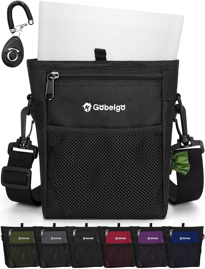 4 Cup Dog Treat Pouch with Silicone Insert Bag& Clicker(Black) | 2 Pair Magnetic Closures, Belt Clip/Waist Belt/Crossbody Wear, Zipper Pocket Poop Bag Holder for Pet Training/Daily Walking