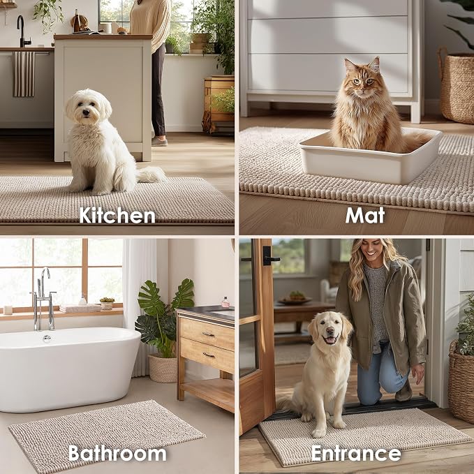 EHEYCIGA Super Absorbent Dog Door Mat for Muddy Paws 36x24 Inch Indoor, Front Doormat Outside Entrance, Quick Dry Chenille Washable Dog Crate Bed, Non-Slip Pet Rug Mud Mat Outdoor Entryway, Beige