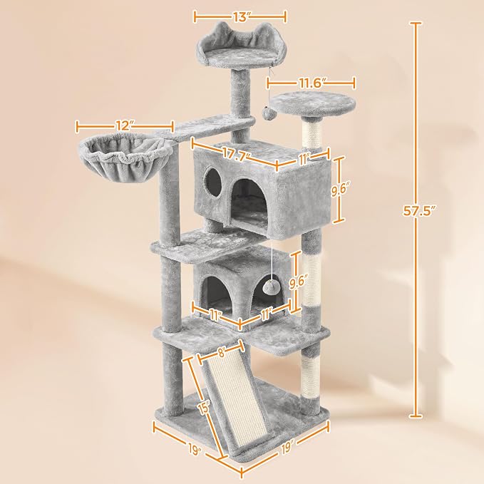 Topeakmart Cat Tree, 57 inches Multi-Level Cat Tree Tower with Scratching Posts, Cat Condo and Basket Kitten Activity Center, Light Gray | Easy to assemble, a great first cat tree with perches, hammock and anti-tip strap, ideal for small to medium cats...