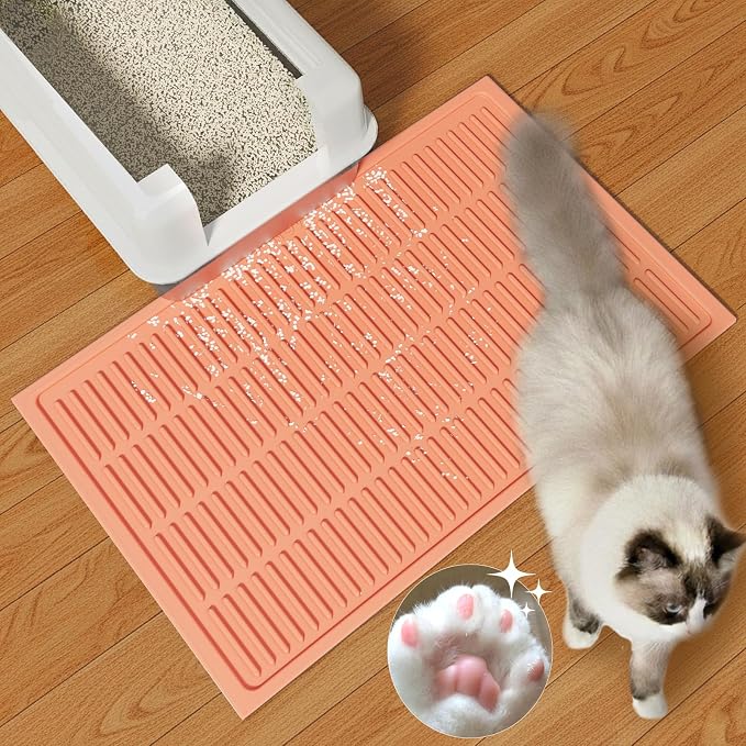 Easy Clean Litter Mat: 24" X 15" Silicone Groove Design Litter Trapping Mat Easy to Vacuum & Rinse - Waterproof Urineproof Surface for Floor - Non-Slip Backing for Kittens (Peach Pink)