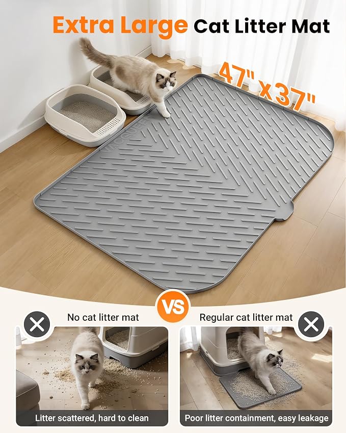Cat Litter Mat, 47"x37" Extra Large Litter Box Mat, Silicone Mat, Gray | XXL Waterproof Litter Trapping Mat for Scatter Control, Soft on Cat Paws Non-Slip Easy to Clean