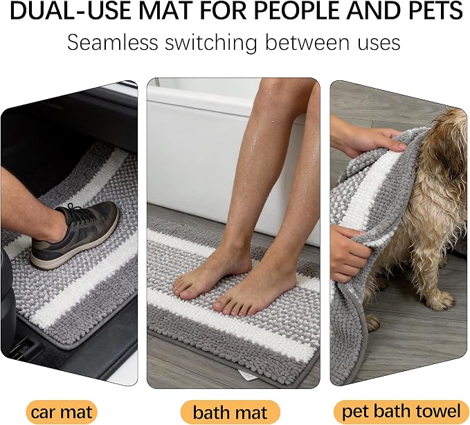 Dog Door Mat for Muddy Paws - Absorbent Quick-Dry Non-Slip Washable Chenille Pet Rug, Indoor Entryway Mat for Front Door & Crate (Gray White, 30" L*18" W)