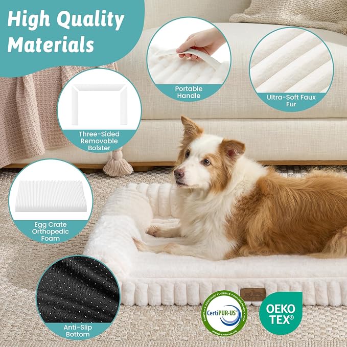 COZY KISS Ultra Soft Faux Rabbit Fur Dog Bed for Large Dogs – 44"x32" Orthopedic Foam Couch, Removable Washable Cover & Waterproof Lining, Cream