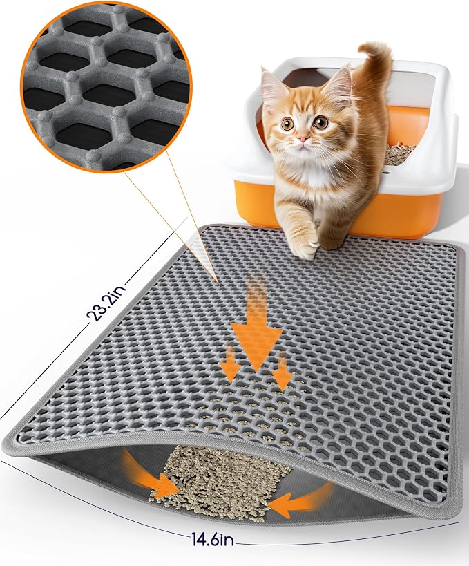 Powools Cat Litter Mat, Double-Layer, 23.2 x 14.6 in, Urine-Proof, Grey | Non-Slip Litter Trapping Mat, Easy to Clean, Kitty Litter Mats for Floor, Scatter Control, Waterproof Litter Box Mat for Cats