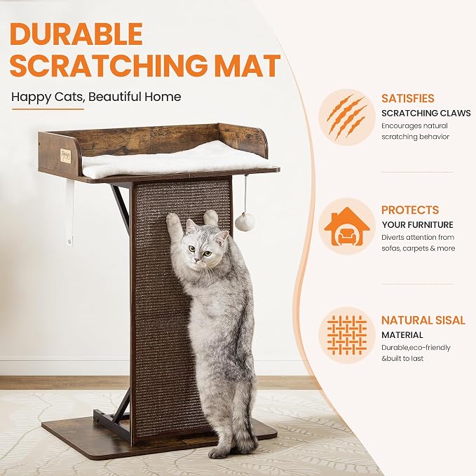 Modern Wood Cat Tree Tower for Indoor Large Adult Cats with Big Perch Bed | 33.8in Tall Wooden Cat Trees with Platform, Cat Scratching Pads, Washable Cushions, Cat Furniture for Window, Rustic Brown