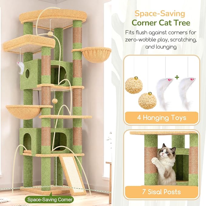 Globlazer 80in Cactus Extra Large Heavy Duty Corner Cat Tree Tower, S80C | Sturdy Green Big Cat Tower for Indoor Cats Large Adult with Scratching Post, 2 Cat Condos with Padding, 2 Perches, Green