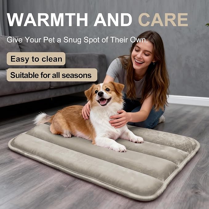 Dog Bed Mat, Reversible Dog Crate Pad with Washable Kennel Mat and Soft Foam, Flat Pet Bed for Dogs & Cats, for Crates Carriers & Travel (Light Brown, 28" L*16" W*1.5" Th)
