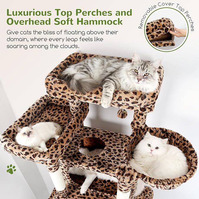 Globlazer Giant Tall Heavy Duty Cat Tower for Indoor Large Cats, F83B | XXL Multi-Level Large Cat Condo with 8 Scratching Posts, Hammock, 2 Cat Caves, 2 Platform, Leopard Print