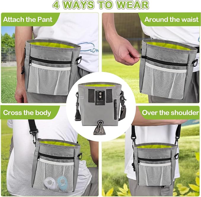 Dog Treat Pouch for Training -6 PCS Dog Training Treat Bag with Clicker, Poop Bag Dispenser, Whistle, Collapsible Bowl, Silicone Pouch, Adjustable Waist Pack for Dog Walk, Park, Outdoor Charcoal Gray