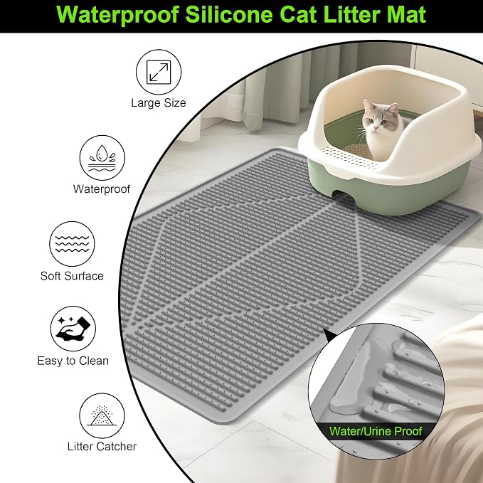 Mofason Rubber Large Cat Litter Mat, Grey Silicone Kitty Cat Litter Box Mat | Waterproof 28"x20" litter matt for cats; easy clean litter trapping catcher mat, cat litterbox mats, large pet mat cat indoor