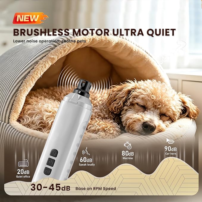 6-Speed Dog Nail Grinder with Led Light, 30 db Ultra Quiet Brushless Motor | Painless Paws Grooming Dog Nail Grinder for Small Medium Large Dogs