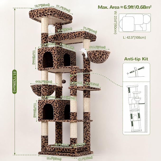 Globlazer Sturdy Extra Large Cat Tower for Indoor Cats, S81C, Leopard Print | 81 inch Heavy Duty Cat Tree for Indoor Large Adult with 8 Scratching Post, 2 Cat Condos, 2 Platform