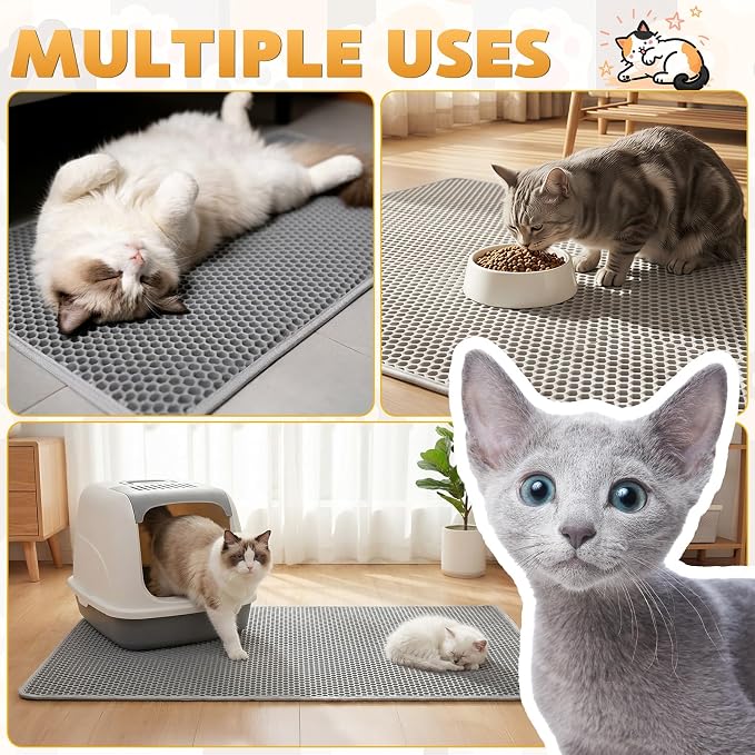 Cat Litter Mat 46"x26", Double Layer Waterproof Litterbox Mat, Gray | Non-slip backing, washable for easy cleanup, traps stray litter with waterproof honeycomb large grid that is urine-proof.