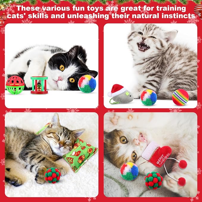 Soulchen 11 Pcs Christmas Cat Toys Stocking Gift Holiday Catnip Interactive Cats Toy Gift Set with Santa, Snowman, Plush Balls, Crinkle Mice, Variety Pack for Indoor Cats, Pet Stocking Present