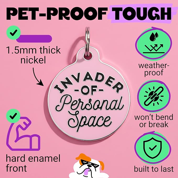 Bad Tags Personalized Dog and Cat ID Tags in 25+ Designs and 2 Sizes - 5 Lines of Custom Engraved Text - Funny Cute Personalized Pet Tags (Invader of Personal Space - Pink, Large (1.25 inch))