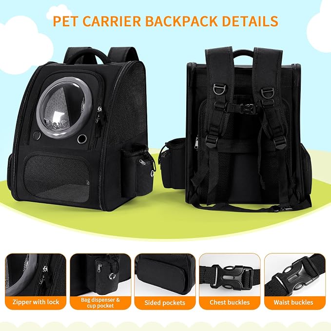 Dogs Backpack Carrier, Expandable Cat Carrier Backpack,Breathable Bubble Pet Backpack for Cat,Kitten and Small Puppy, Large Space,Portable Bags Foldable Cat Backpack for Traveling,Hiking(Black)