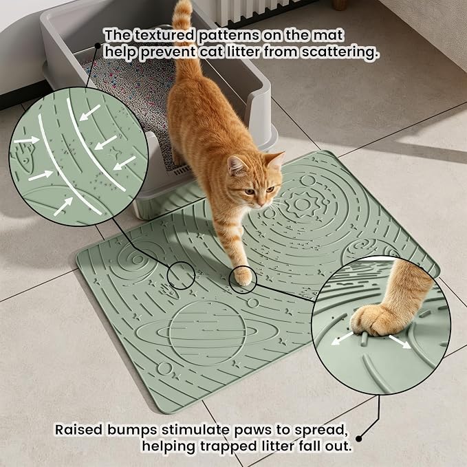 OHMO Cat Litter Mat Medium 23.6x15.7in, Sage Green Silicone Rubber Scatter Control Kitty Litter Box Trapping Mat, Waterproof Easy to Clean, Odorless Pet Supplies, Indoor Cat Essentials