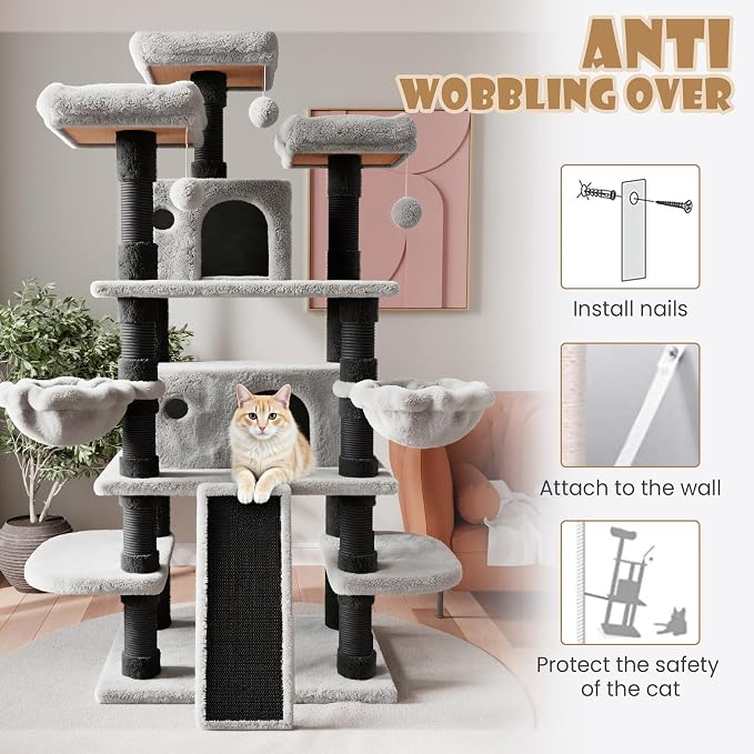 SHA CERLIN 68 Inches Multi-Level Large Cat Tree for Large Kitties/Big Cat Tower with Condo/Cozy Plush ‌Pussycat Perches/Sisal Scratching Posts and Hammocks/Activity Center/Black & Grey