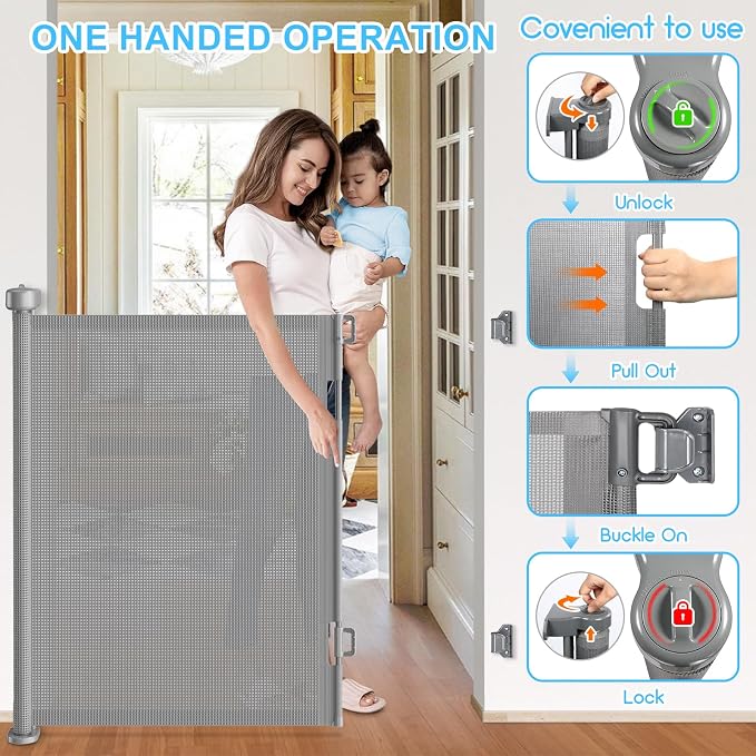 71 Inch Retractable Baby Gates Extra Wide, 41 Inch Reinforced Extra Tall Mesh Safety Gate for Kids Pets, Retractable Dog Gate Baby Retractable Gate for Stair Hallways Doorway Indoor Outdoor, Gray